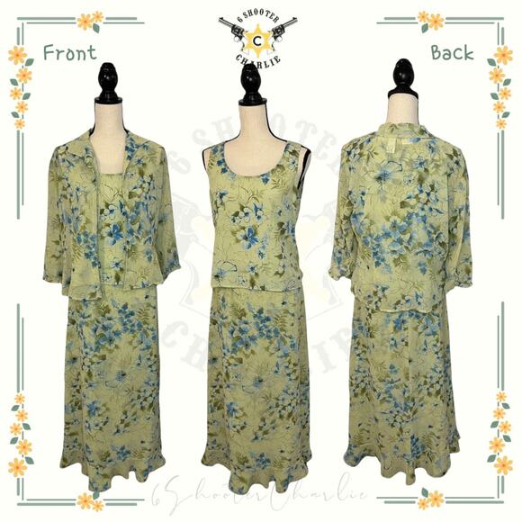Emma James Woman 3 Piece Green Floral Outfit Skirt, Tank, Jacket Size 8 - Picture 1 of 8